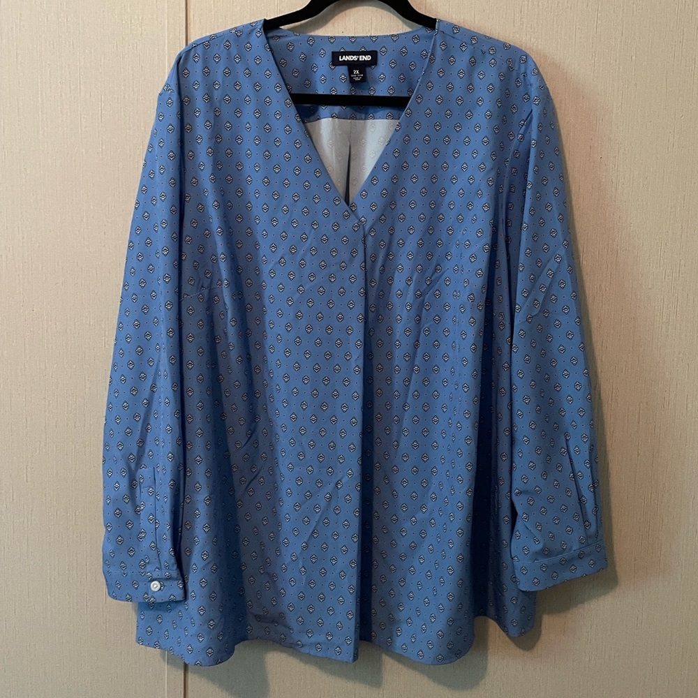 LANDS' END Blue Patterned Women's Top Long Sleeves